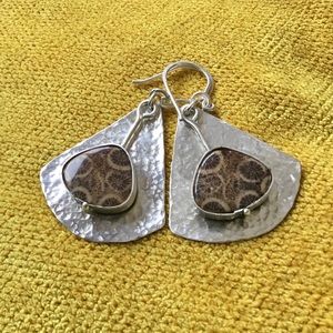 Earrings, fossil coral on hammered sterling silver